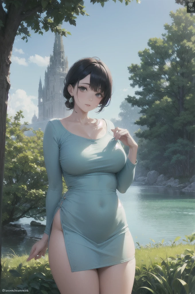 (vestido longo azul, vestido altamente detalhado e realista, natureza realista, curvy and corporeal) [pincelada requintada, cores deslumbrantes, soft lighting, atmosfera serena], (((bunda grande)))