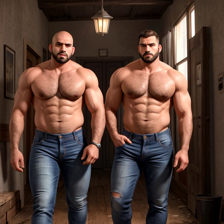 A foto mostra dois homens robustos, carecas e peludos, exibindo corpos super barrigudos. They are both wearing only jeans, leaving their torsos exposed. Their expressions are serious and confident, with an imposing and charmingly masculine presence. They are entering a dark and dirty brothel room