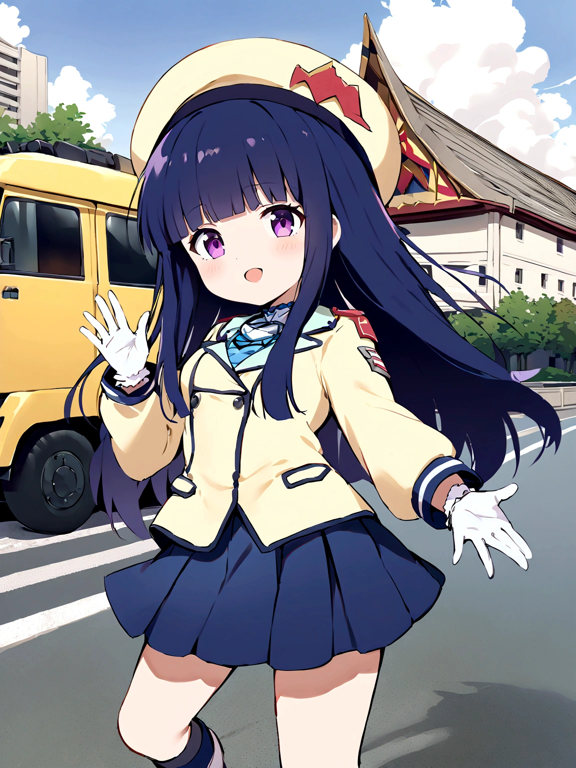 One Girl, alone, Full Autorica, cute, Blue Hair, Purple eyes, Long Hair, blunt bangs, bangs, chibi, looking at viewer, skirt, black hair, gloves, long sleeves, hat, jacket, outdoors, cloud, white gloves, ground vehicle, building, 
