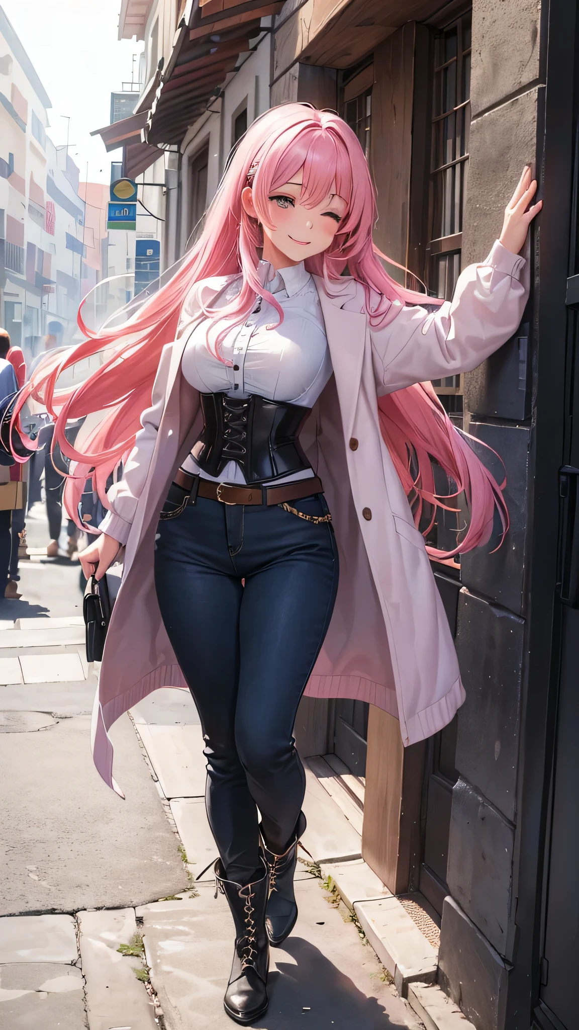 Toda la imagen con detalles intrincados nivel profesional: "(A young 16 year old girl with vibrant pink hair, piernas abiertas, vestida con un abrigo oscuro y una camisa blanca, with a corset and several belts, pantalones cortos negros y medias hasta el muslo, botas marrones. The woman has her eyes closed and an expression of gratitude and happiness on her face, ropa muy corta y delgada, le agrada mostrar su cuerpo, chica empoderada, le gusta mostrar su hermoso cuerpo sexualizado porque es muy bella, con rasgos femeninos pronunciados, (a veces le gusta salir casi o toda desnuda a la calle), random angle.)"
