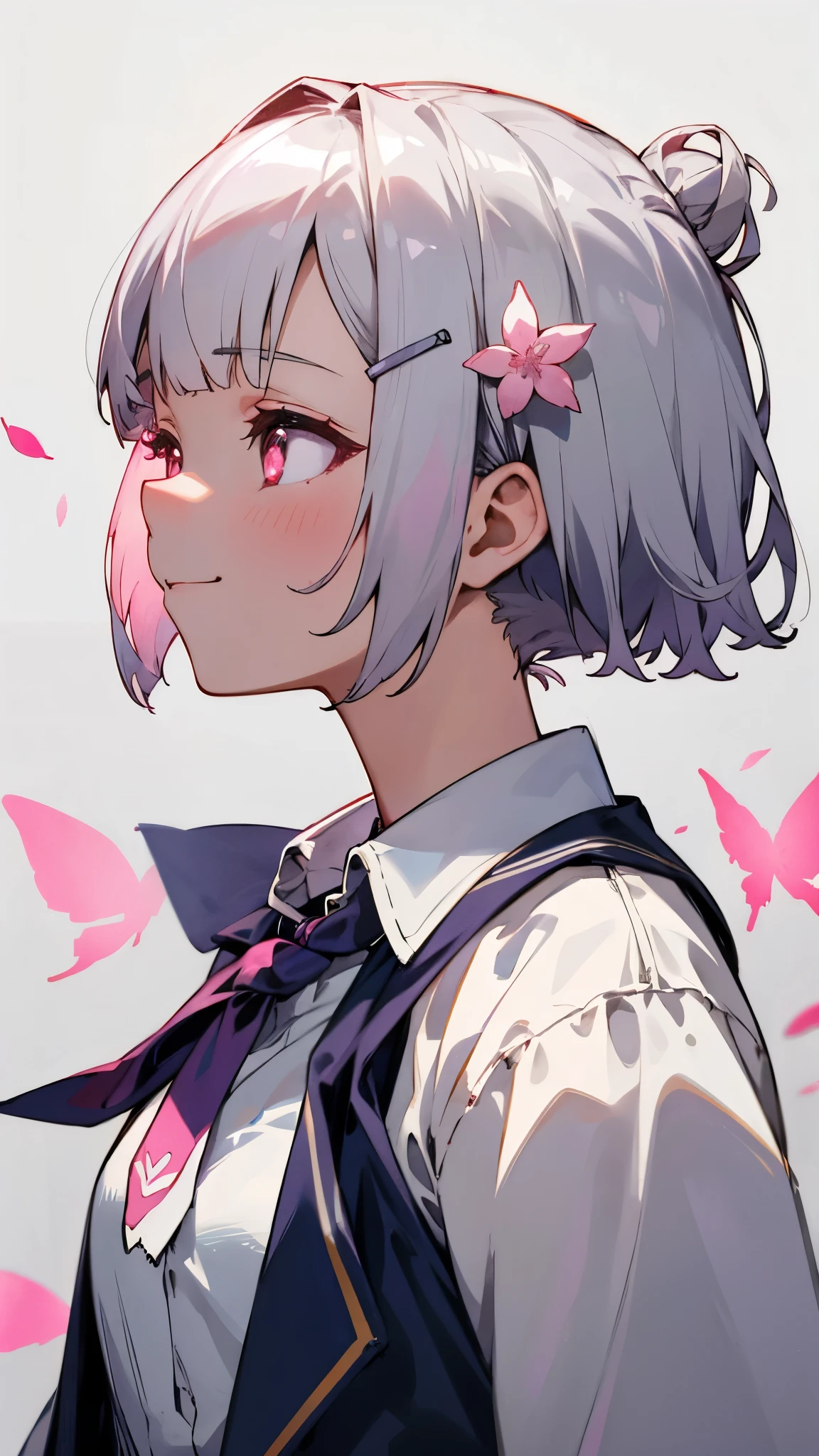 (Highest quality,masterpiece,Surreal),Silver hair and short bob hairstyle、Tie your hair up with a hair clip、Glowing pink round eyes、smile、profile、Beautiful and delicate girl portrait,Playful and cute,Background Petals fluttering,