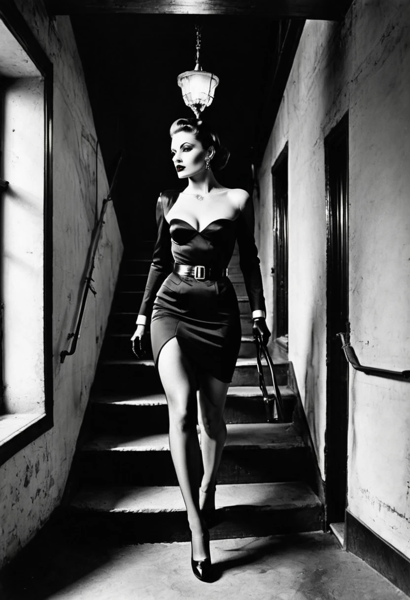 Dominatrix walking down stairs, style by helmut newton
