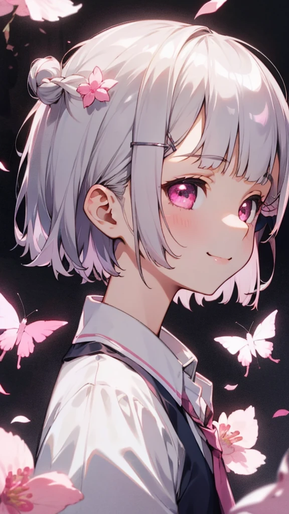 (Highest quality,masterpiece,Surreal),Silver hair and short bob hairstyle、Tie your hair up with a hair clip、Glowing pink round eyes、smile、profile、Beautiful and delicate girl portrait,Playful and cute,Background Petals fluttering,