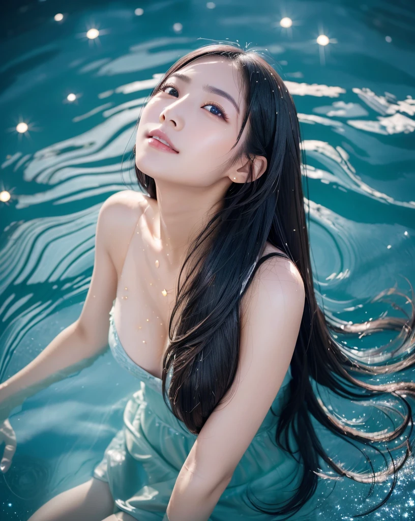 (Highest quality, 32k, High resolution, Masterpiece:1.5, ), marimo_jet, god々A photograph with brilliant dazzling and healing power., Expressing emotions, Have a rich imagination, Beautiful Japanese Girls, An exceptionally beautiful face, Small Face Beauty, Close-up shot, Getting naked in the pool, (Above water level Above chest level:1.3), ((Looking up at the night sky:1.3)), Perfect Human Anatomy, Magical big eyes, Motherhood and generosity, Deep Love, fleeting smile, ((Hair that shines like the starry sky:1.8)), Super Long Straight Silk Hair, Asymmetrical bangs, Hair between the eyes, Transparent, soft white skin, Sharp eyebrows, Thin lashes, Natural Makeup, Cheek highlighter, Pale pink detailed lips, High resolutionの完璧な鎖骨, High resolutionの美しい胸元, Slim figure with ample breasts, blue night, The water surface shines colorfully, illumination, Colorful lights, sparkling light effect, Professional Lighting, Professional photographer, Professional models, god秘的