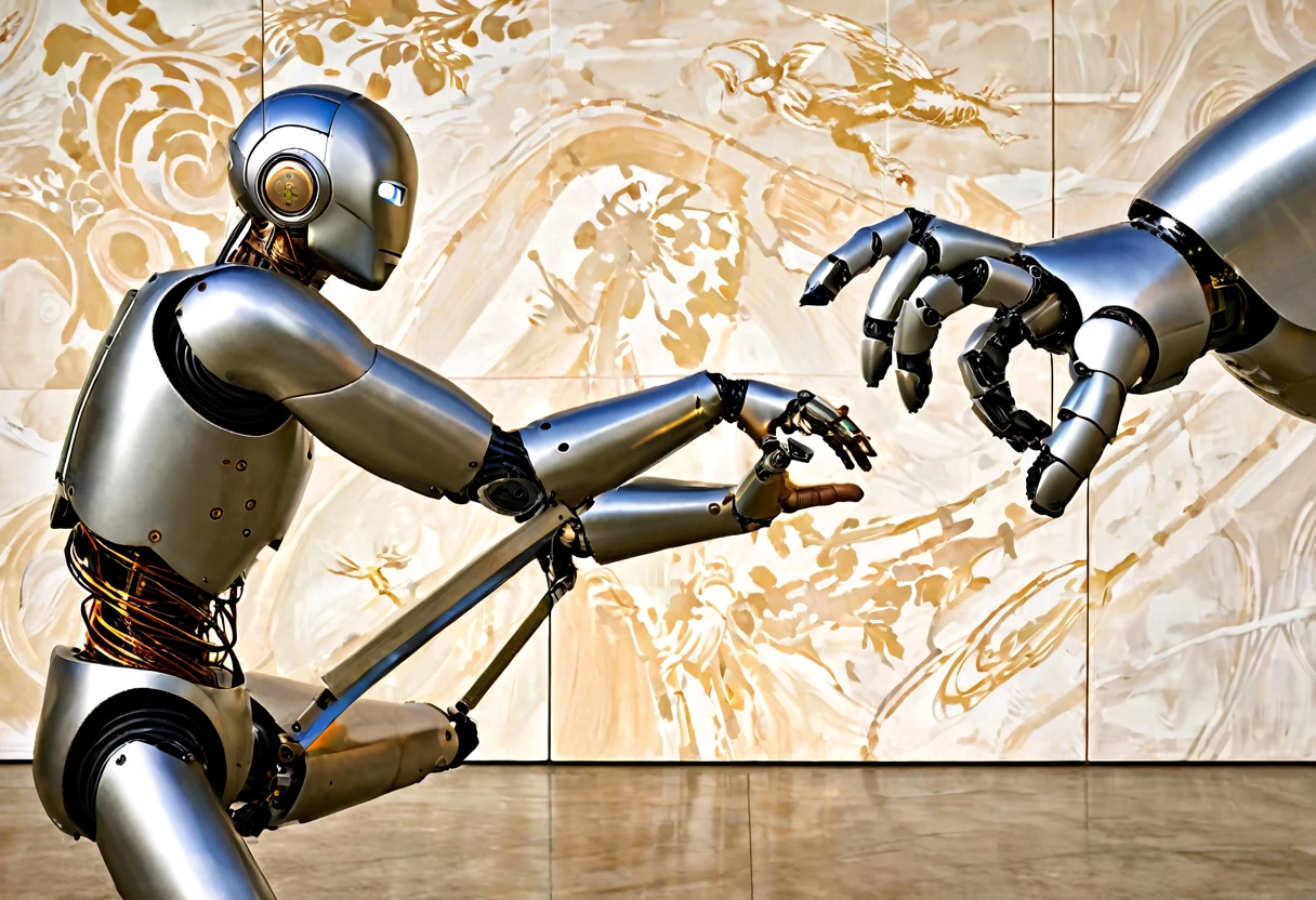 a modern interpretation of "The Creation of Adam" - one where technology and humanity coexist in harmony,moves across the canvas, the robot is in the place of god, it brings to life, rather than a divine being creating man.
