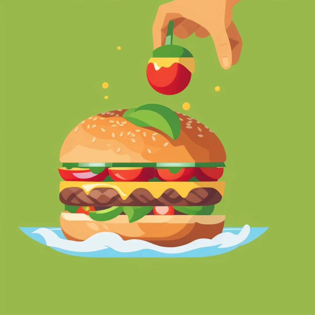 vector illustration, burger, with hands and legs running on water and water turing to tomato ketchup
