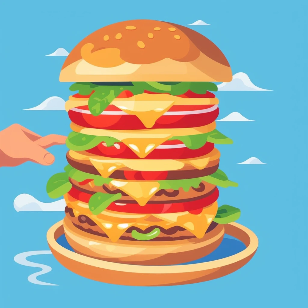 vector illustration, burger, with hands and legs running on water and water turing to tomato ketchup