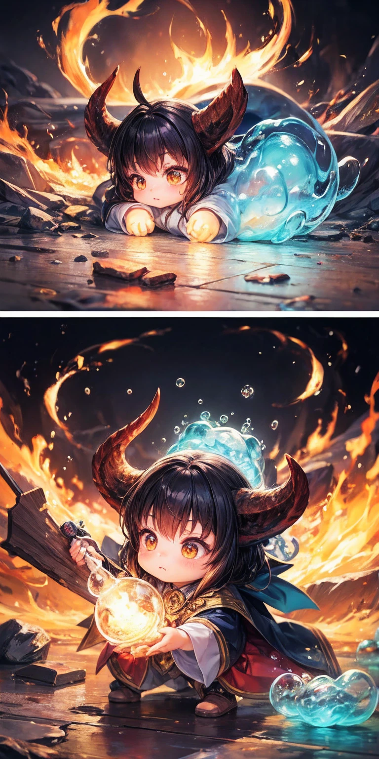 Cute art of a cute dikuki as a little wizard, surrounded by fire bubbles , digital art, complex parts, trends, Cinematic