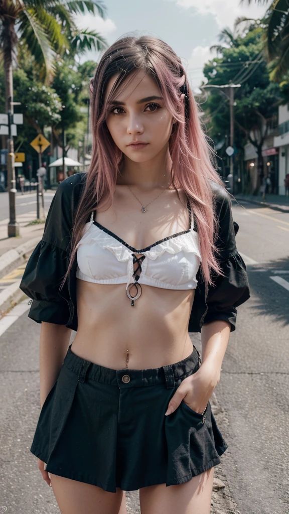 (imagem realista),(fotografia perfeita), linda garota egril, com roupas de egril, Also emo style, idade 19 anos, usando roupas de emo, cabelo rosa, imagem completa, em uma avenida, foto focada em macro na personagem, luz 4k, realistic lighting,