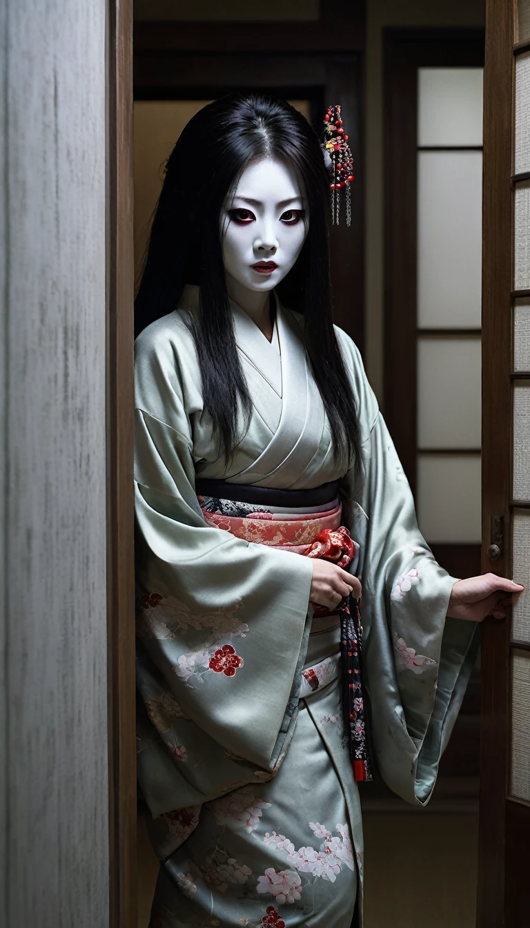 "Create a hyper-realistic image of a terrifying ghost that looks like it could exist in real life. The ghost should be a fearsome demon dressed in a traditional Japanese kimono. The entire figure, from head to toe, should be visible in the image. The ghost should be posing in an unnaturally twisted posture, adding to the eerie atmosphere. The background should be a typical setting from horror movies, such as an old, abandoned house or a dark, narrow corridor. The style should resemble the aesthetic of the Japanese horror film 'Ju-on: The Grudge.' The image should have a photorealistic quality, making it look like a still from a live-action horror film."