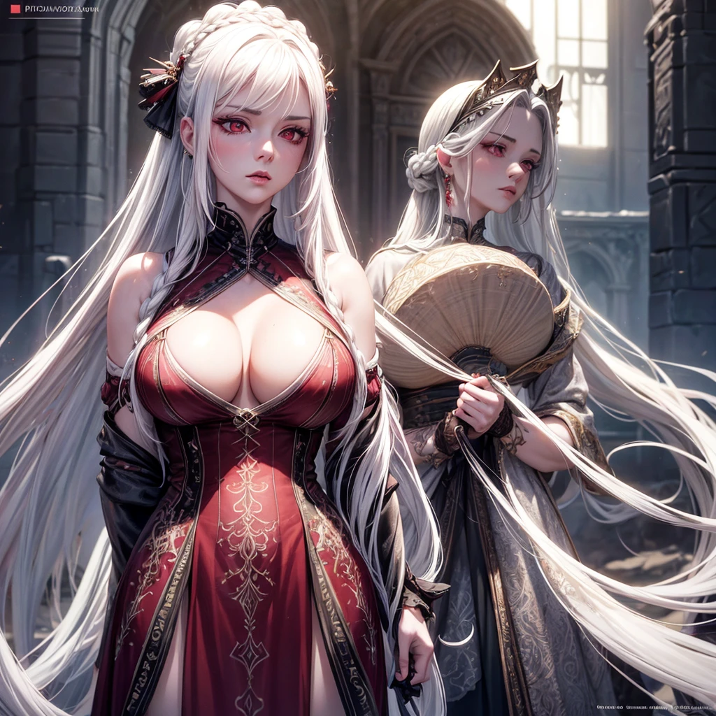 A beautiful detailed woman with long white hair, piercing red eyes, and pale skin, wearing a scantily clad outfit that accentuates her large breasts, her hair styled in a braided updo, highly detailed, masterpiece, photorealistic, 8K, ultra-detailed, hyper-realistic, dramatic lighting, cinematic, fantasy, digital art