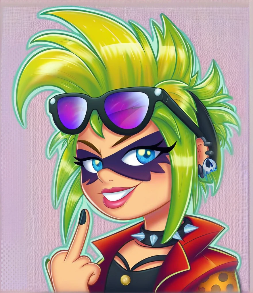 Punk style, Fantasy Gothic, ((The most rebellious bad girl in history)), 1girl, ((solo)), (((Stylish sunglasses))), Pirate hat, Lips in love, Skull Fashion, Neon, Short iridescent hair, Rainbow fabric, Biker Jacket, Bodysuit, Gold pattern, Ancient runes, Metal nails, (Middle finger raised:1.3), Standing in front of a motorcycle skull graffiti art background, Add whimsy to the scene, To enhance the sharpness and modernity of the scene, Sharp lines, Bold brushstroke numbers, Surrealism, Conceptual art, Futurism, UHD, masterpiece, accurate, anatomically correct, textured skin, super detail, high details, award winning, 8k