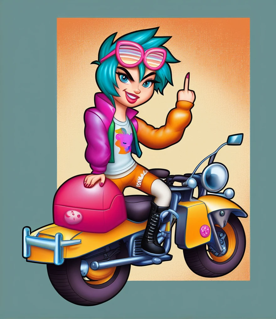 Punk style, Fantasy Gothic, ((The most rebellious bad girl in history)), 1girl, ((solo)), (((Stylish sunglasses))), Pirate hat, Lips in love, Skull Fashion, Neon, Short iridescent hair, Rainbow fabric, Biker Jacket, Bodysuit, Gold pattern, Ancient runes, Metal nails, (Middle finger raised:1.3), Standing in front of a motorcycle skull graffiti art background, Add whimsy to the scene, To enhance the sharpness and modernity of the scene, Sharp lines, Bold brushstroke numbers, Surrealism, Conceptual art, Futurism, UHD, masterpiece, accurate, anatomically correct, textured skin, super detail, high details, award winning, 8k