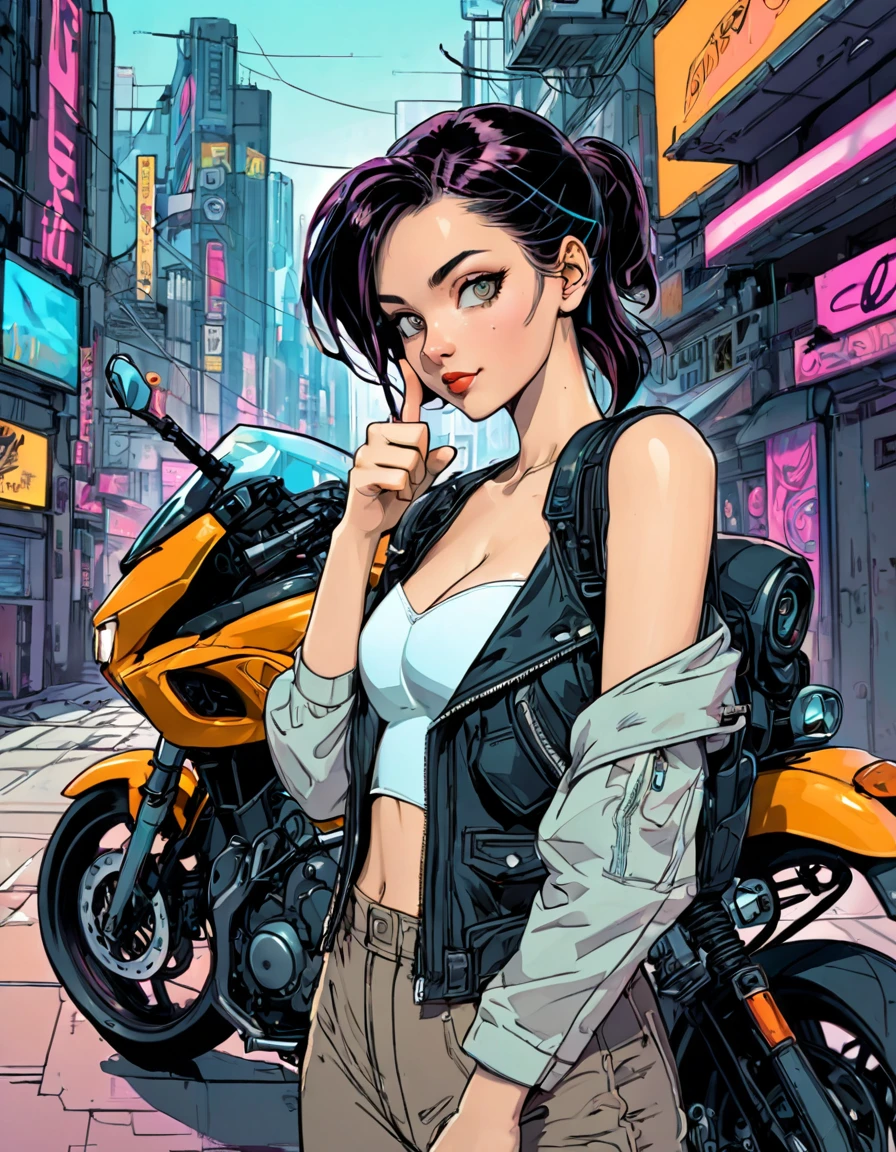 (((beautiful detailed)))(cute face:1.2)1girl,thumbs up, (Girl carrying a motorbike on her shoulder:1.5),looking back,(ground-level shot:1.2),cyberpunk,Cyberpunk shrine in background(sharp lines:1.2)(clear line:1.2),(eye details:1.3)(thick border:1.4),line drawing, animation cel style((masterpiece, high quality, best quality)),trillwave,90s style,Lineartnime (art inspired by Bill Sienkiewicz). oil painting, details of brush strokes that enhance depth)