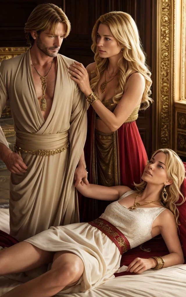 Flamme, (young Lena Headey:Evangeline Lilly), A -yeld wo with blond hair, intense blue eyes, a gold necklace with a ruby pendant, dressed in a white roman tunic and Roman sandals, with gold bracelets on her arms, laying in the bed with an 60yo man with her, masterpiece, hyperdetailed,((1girl)), blond hair, long hair,sidelocks,red earrings,hair over one eye, a ugly man