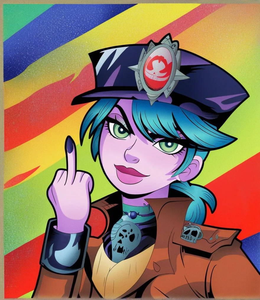 Punk style, Fantasy Gothic, ((The most rebellious bad girl in history)), 1girl, ((solo)), (((Stylish sunglasses))), Pirate hat, Lips in love, Skull Fashion, Neon, Short iridescent hair, Rainbow fabric, Biker Jacket, Bodysuit, Gold pattern, Ancient runes, Metal nails, (Middle finger raised:1.3), Standing in front of a motorcycle skull graffiti art background, Add whimsy to the scene, To enhance the sharpness and modernity of the scene, Sharp lines, Bold brushstroke numbers, Surrealism, Conceptual art, Futurism, UHD, masterpiece, accurate, anatomically correct, textured skin, super detail, high details, award winning, 8k
