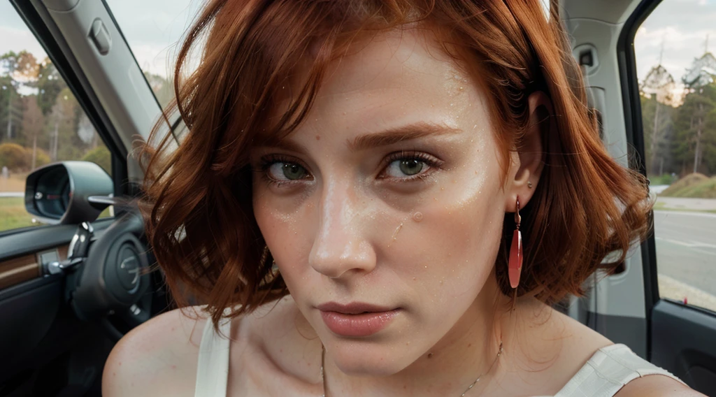 there is a red-haired woman and earrings in a car, cinematic realistic portrait, retrato suave fotografado em 8k, estilo de arte hiperrealista, 8k portrait rendering, realistic face moody lighting, retrato ultra realista, She is looking straight ahead and tears are crying on her faceestilo de arte fotorrealista, pintura digital realista, retrato ultra detalhado, hyperpintura digital realista, CG hiper-realista, ultra pintura digital realista, lindo rosto fotorrealista