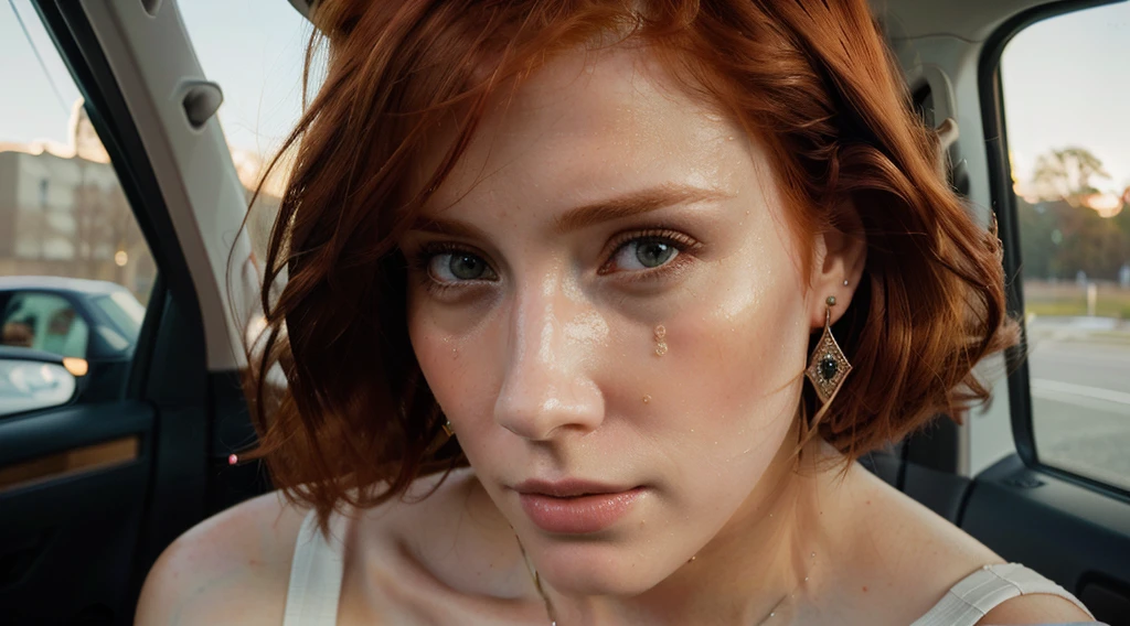 there is a red-haired woman and earrings in a car, cinematic realistic portrait, retrato suave fotografado em 8k, estilo de arte hiperrealista, 8k portrait rendering, realistic face moody lighting, retrato ultra realista, She is looking straight ahead and tears are crying on her faceestilo de arte fotorrealista, pintura digital realista, retrato ultra detalhado, hyperpintura digital realista, CG hiper-realista, ultra pintura digital realista, lindo rosto fotorrealista