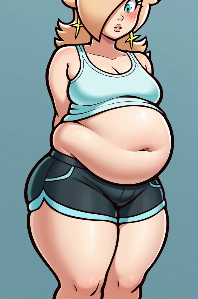 score_9, score_8_up, 2D, flat color, thick outlines, 1girl, solo, rosalina, White tank top, black shorts, ((chubby body)), ((big thighs)), ((big belly)), embarrassed look, close to camera, 