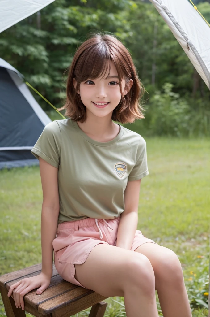 Camping tent, , ((full body)), ((photo)), ((best qualtiy, 8K, tmasterpiece:1.3)), Focus:1.2, perfect figure beautiful child:1.4, 1, cowboy shot, look at viewer, incredibly absurd, beautiful and cute  with a photorealistic face, showcasing top-quality craftsmanship, Japanese girl gazing at the campfire at the campsite, 12 years old, short hair, wavycrimson hair, big eyes, long eyelashes, smiling face, white teeth, round face, small nose, smooth skin, fair skin, red lips, pink cheeks, lively expression, , delicate, well-balanced proportions, slim, 155cm tall, thin limbs, small A-cup breasts, khaki T-shirt, camouflage shorts, sneakers, beautiful girl, younger sister attributes, active, sociable, cheerful, optimistic, brave, curious, August