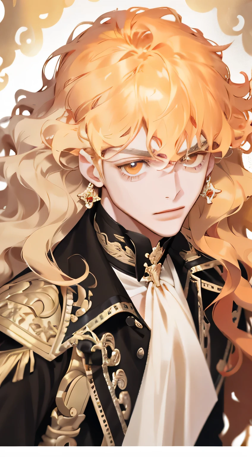 one boy,Bright eyes,Golden hair,wavy curly hair,,Red earrings,𝓡𝓸𝓶𝓪𝓷𝓽𝓲𝓬,elegance,young,pop art,Hyperresolution,accuracy,Detailed rendering,(cute face picture)(Picture of graceful hair)(top quality)(Workshop masterpieces)(High degree of completeness)(A sense of atmosphere)chedevr,ultra - detailed(half body portrait), blonde hair