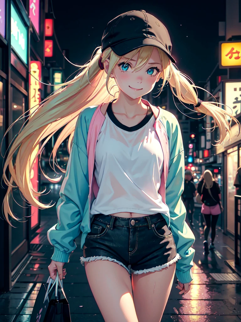 1girl, long blonde hair in a ponytail, green eyes, wearing a simple white shirt with an imprint, a pink and blue rainjacket, dark blue Shorts, slight makeup, smiling softly, black cap, walking through tokyo, absurdres, high res, ultrasharp, 8k, masterpiece, looking at store windows, starry night sky, neon city lights