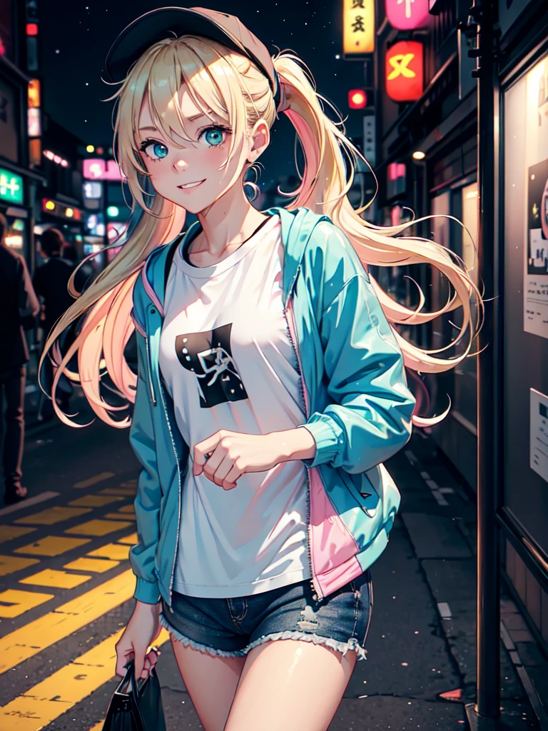 1girl, long blonde hair in a ponytail, green eyes, wearing a simple white shirt with an imprint, a pink and blue rainjacket, dark blue Shorts, slight makeup, smiling softly, black cap, walking through tokyo, absurdres, high res, ultrasharp, 8k, masterpiece, looking at store windows, starry night sky, neon city lights