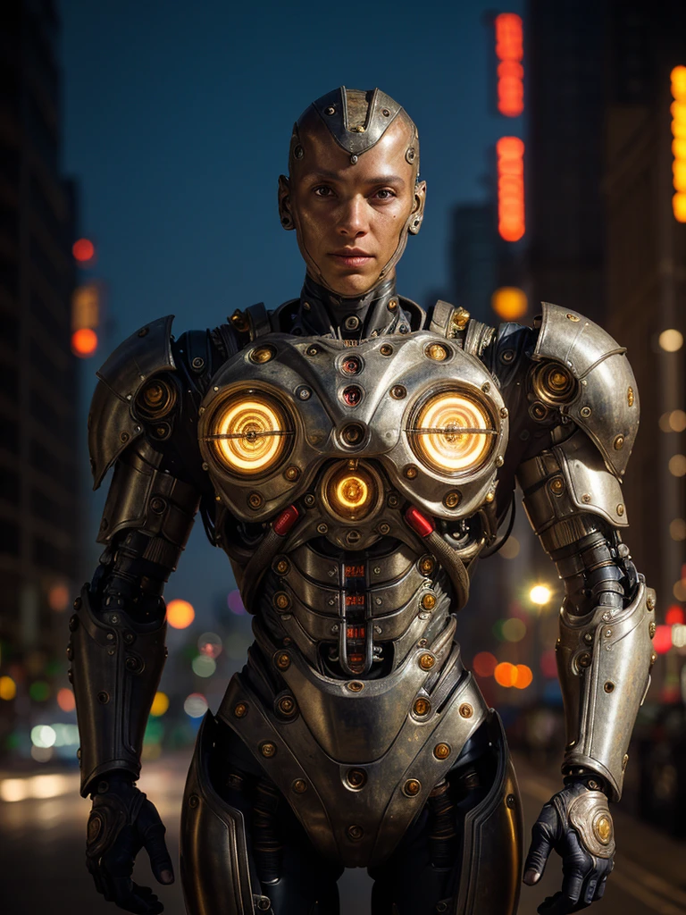 (best quality, masterpiece, highest detailed), (photorealistic:1.2), (detailed light:1.2), (Realistic skin texture:1.4), raw photo, professional portrait, cyborg, man and cyborg, symbiosis, semi-mechanical head, mechanical body , old rusty armor, powerful exoskeleton, night, Night City, dim light, dim color, gloomy lighting, (looks at the viewer)