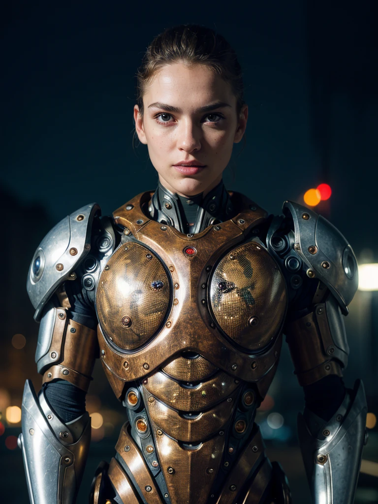 (best quality, masterpiece, highest detailed), (photorealistic:1.2), (detailed light:1.2), (Realistic skin texture:1.4), raw photo, professional portrait, cyborg, man and cyborg, symbiosis, semi-mechanical head, mechanical body , old rusty armor, powerful exoskeleton, night, Night City, dim light, dim color, gloomy lighting, (looks at the viewer)