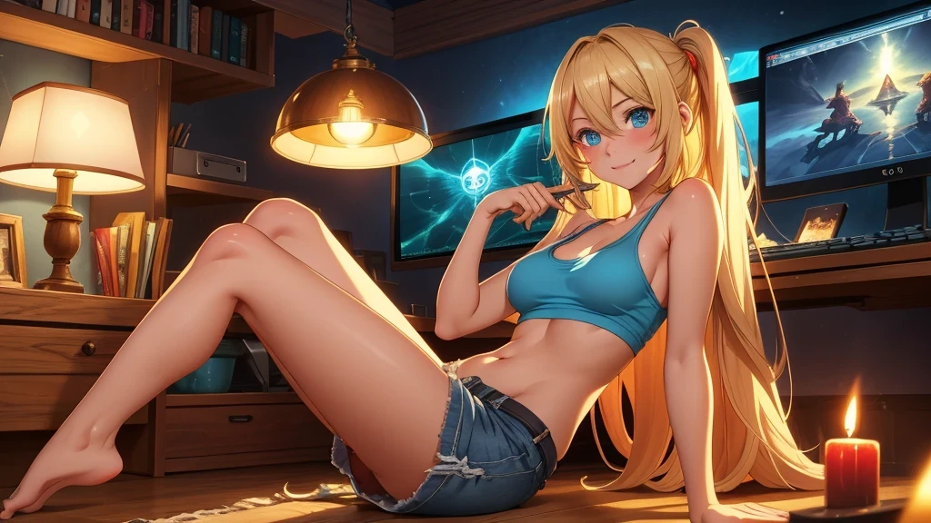 Create a high-quality, detailed image of a beautiful, sexy anime lofi girl with long blonde hair, bright blue eyes, and a smile, sitting at her gaming PC in a cozy lounge. She wears a tank top and shorts, showing her shoulder and midriff. The warm, inviting scene includes soft ambient lighting, comfortable seating, and a high-end PC setup with multiple monitors and RGB lighting. The girl is barefoot, and the setting is illuminated by a small lamp, creating a serene and intimate atmosphere