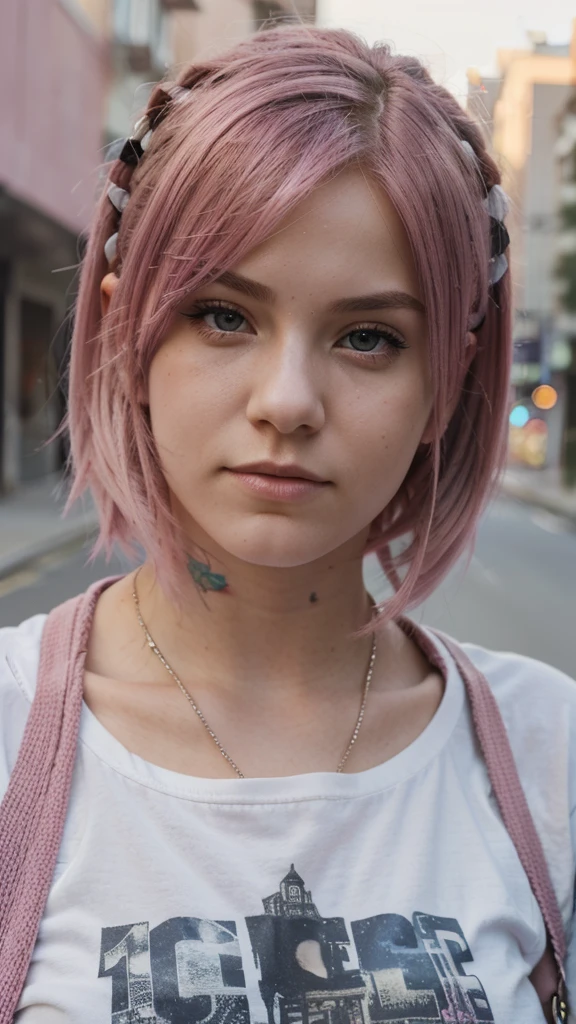 a beautiful 19 year old girl with pink hair, wearing emo style clothes, in a realistic photograph on a city street, close-up macro shot focused on the character, 4k resolution, realistic lighting