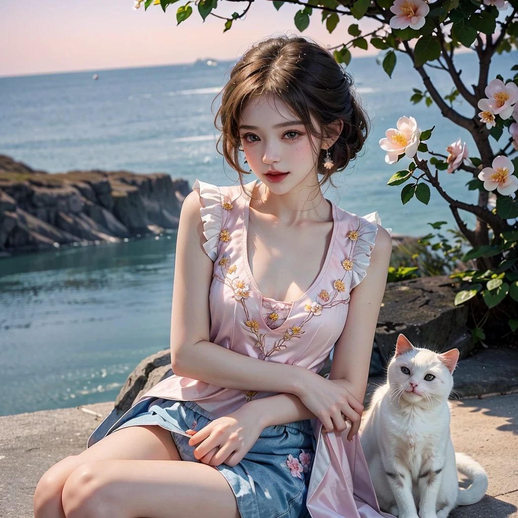 Masterpiece, Best quality, high resolution, realistic , hyperrealism , lifelike photography ,2024s, , alluring beautiful full body shot, (curly blondish brunette long hair, blue beautiful eyes), white skin with freckles,((( beautiful short cut naughty vest with flower embroidery mini skirt ))), beautiful golden necklaces & bracelets, elegant bearing, beautiful landscape background of a rose & lilac orchid garden, high budget , beautiful mesmerizing face and small nose, long and curly sparkling hair , holding a beautiful orange stray cat , clivage , sunset , pink clouds , yellowish red rays at the horizon, elegant posing, beautiful legs, fit body, gorgeous Russian woman standing and naughty posing at the lagoon shores, back shot, side shot , front shot, blue lagoon , full body shot at the frame , naughty smile , deep cut chest style dress,(( very short skirt)) ,windy summer breeze , reasonable naked body parts, reasonable nudity ,((((cute cats sitting around her)))), naughty girl , very cute smile, bra and underwear is seen , lingerie , 20 years old Russian girl ,