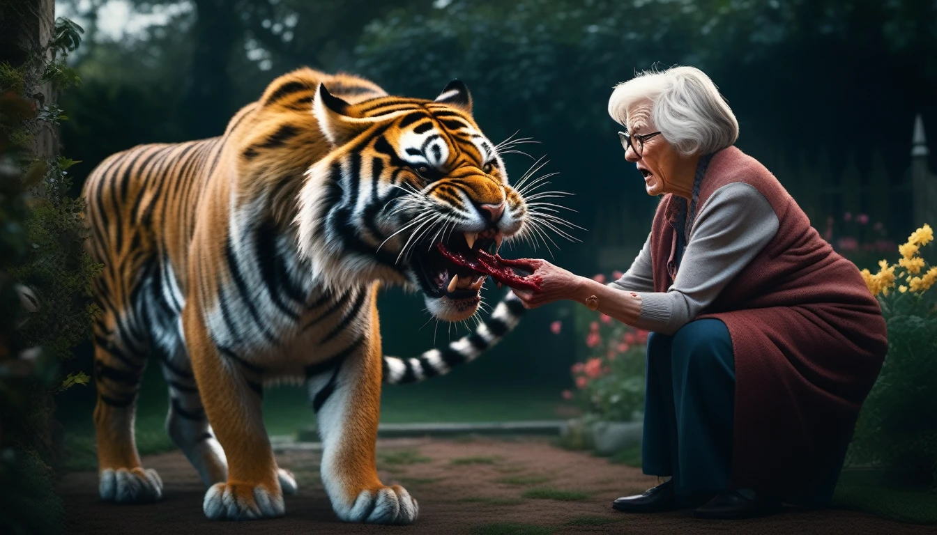 a realistic old lady playing with a bloody angry tiger, british style garden, analog photography, photorealistic, 8k, best quality, high detail, hyperrealistic, dramatic lighting, moody colors, cinematic composition, striking poses, powerful expressions