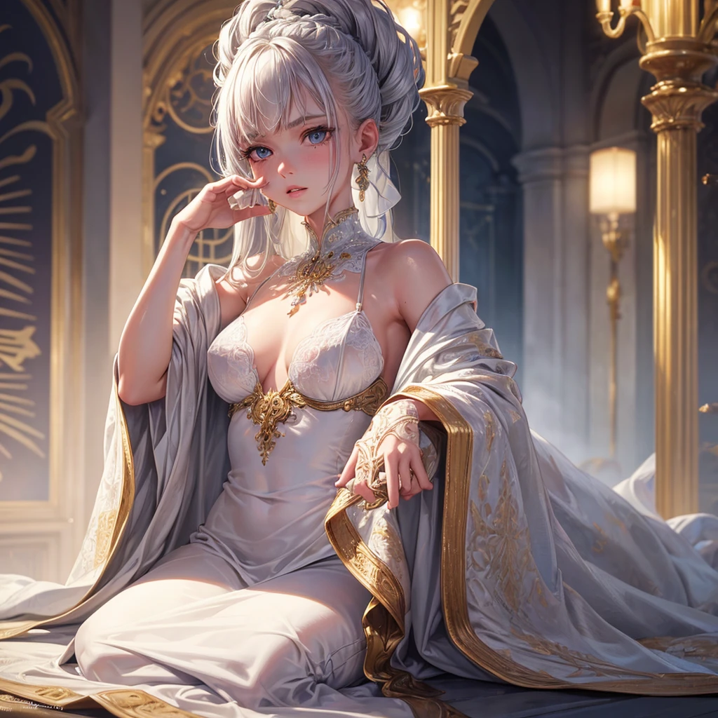 (best quality, masterpiece:1.2), ultra high res, realistic, front lighting, intricate detail, Exquisite details and textures, 1girl, solo ,(young), face highlight, upper body, detailed face, tear mole, white skin, silver hair, ponytail, braid hair, looking at viewer, big eyes, silk robe, (hollow pattern, white, silk), earrings, small breasts, slim body, luxury room, professional lighting, photon mapping, radiosity, physically-based rendering,