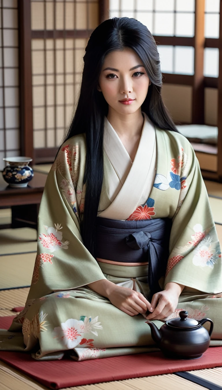 Zashiki-warashi, traditional Japanese attire, serene expression, long black hair, detailed kimono, sitting on tatami mat, soft natural lighting, cozy interior, Japanese tea set, vintage ambiance, photorealistic, highly detailed, ultra HD.