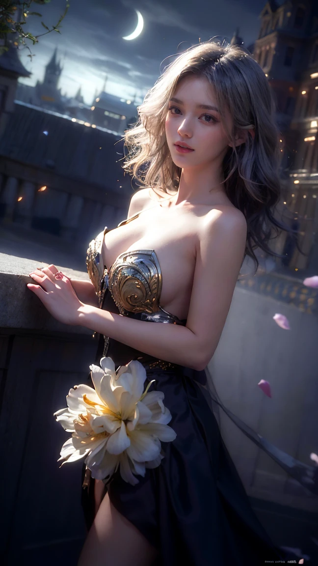 masterpiece, best quality, 1girl, (colorful),(finely detailed beautiful eyes and detailed face),cinematic lighting, bust shot, extremely detailed CG unity 8k wallpaper, white hair, solo, smile, intricate skirt,((flying petal)),(Flowery meadow) sky, cloudy sky, building, moonlight, moon, night, (dark theme:1.3), light, fantasy, naked