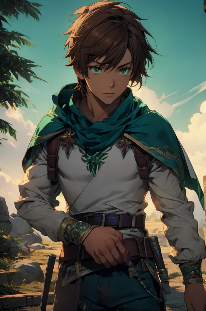 kazumasatou, kazuma satou, short hair, brown hair, (green eyes:1.3), male focus, BREAK shirt, long sleeves, white shirt, belt, pants, capelet, brown belt, BREAK outdoor, forest, nature, trees, village, sky, sun, clouds, BREAK looking at viewer, (cowboy shot:1.5), BREAK (masterpiece:1.2), best quality, high resolution, unity 8k wallpaper, (illustration:0.8), (beautiful detailed eyes:1.6), extremely detailed face, perfect lighting, extremely detailed CG, (perfect hands, perfect anatomy),