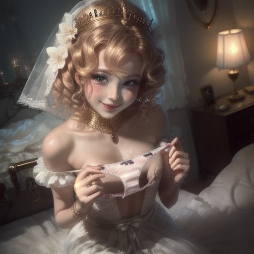 ((Highest quality,Very detailed,Incredibly absurd,Very detailed cg,see here,Super detailed:1.1)),
alone,One girl,Shiny_skin,thin,Blonde,Beautiful Eyes,Big Breasts,Areola,Female pubic hair,(wedding_band:1.1),(Golden drill bit Curly princess Long curly hair),clavicle,bridal_Veil,wedding_dress,Lace trim_sleeve,
View your viewers,(blush:1.1),((Fascinating_smile:1.2)),bow,Black lace underwear,((presenting panties,Urine stains on underwear,Steam rising,cum on panties:1.2)),((panties_concentrated:1.2)),
night,Bedroom,((bust:1.2)),