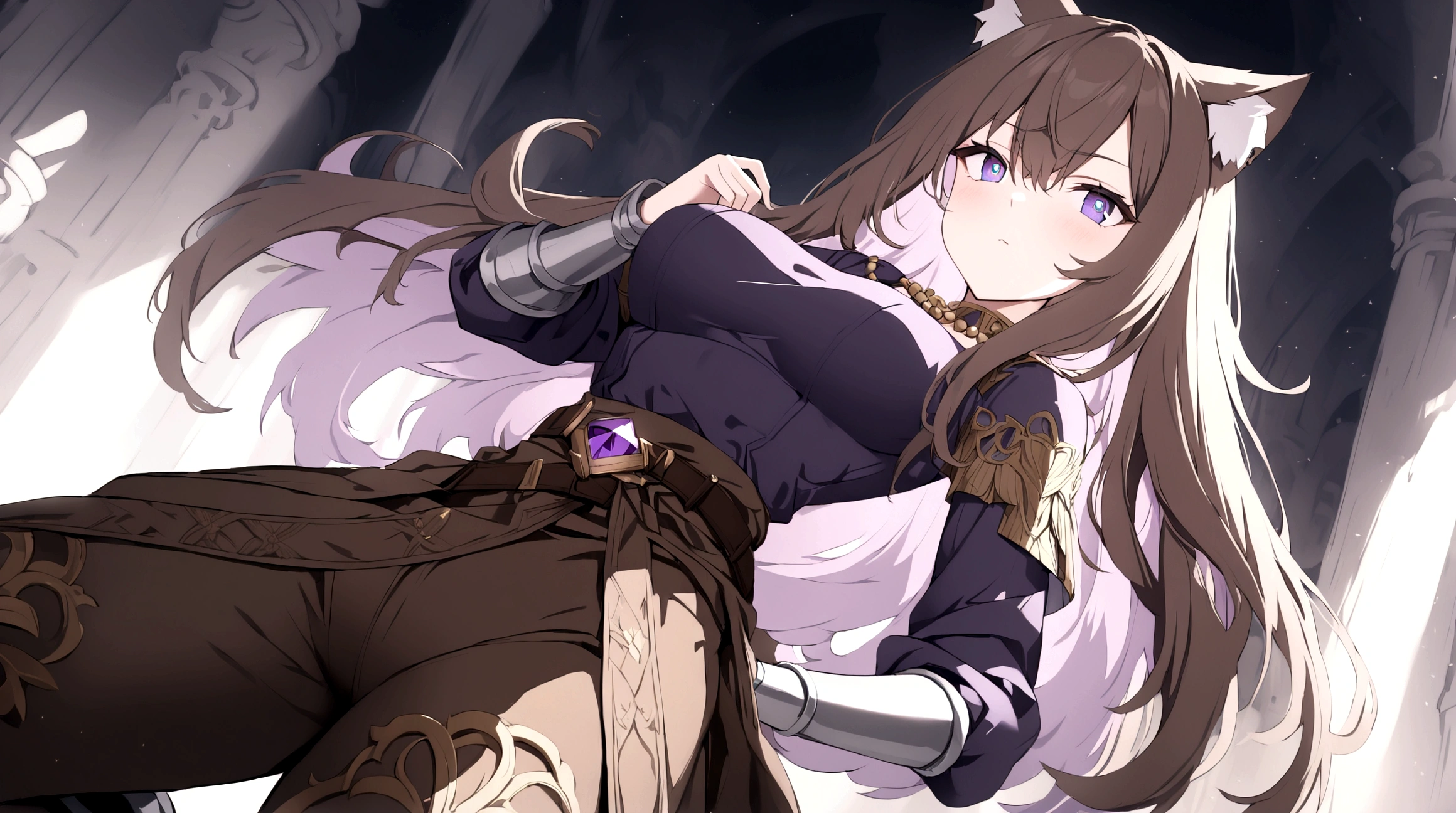 (1girl, Masterpiece, best quality) (detailed and beautiful eyes:1.6) (perfect hands, perfect anatomy) A young female character with long, brown hair featuring lighter streaks, styled in loose waves. She has striking (purple eyes and a confident, slightly defiant expression). She has distinctive (cat-like ears, brown with pink inner fur with tail. She wears a black and dark purple form-fitting top fantasy adventurer adorned with gold and red accents, including intricate patterns. Over this, she has a dark-purple cloak covering with gold detailing. Accessories include a fiolet gemstone necklace and a belt with gold ornaments. The character is depicted in a dynamic low-angle shot, giving a sense of power and movement. The lighting is warm and dramatic, with strong highlights and shadows enhancing the overall design. She has a brown belt with dark fiolet accents cinched around her waist and (wears brown pants) with armored greaves.