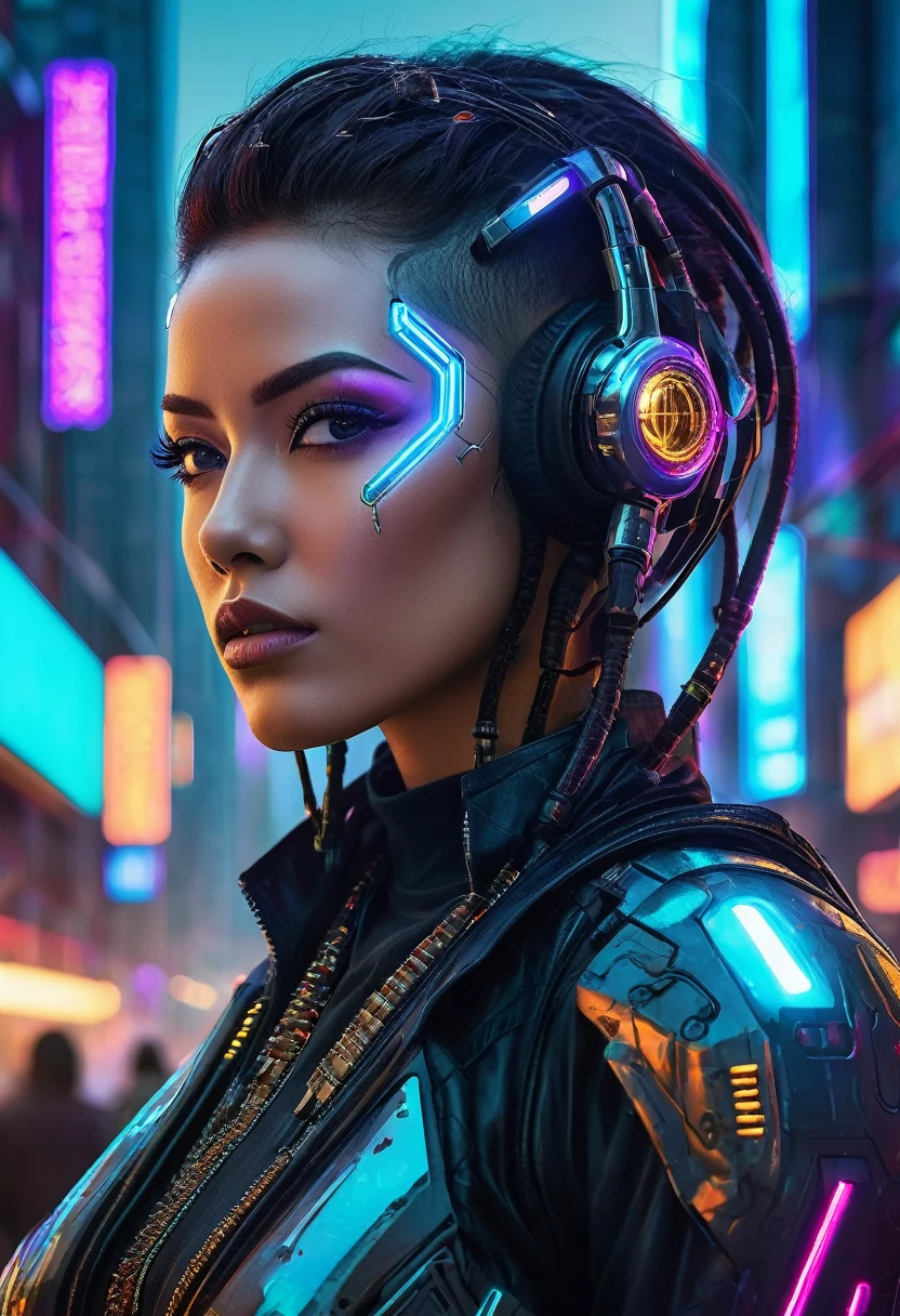 detailed and imaginative portrait of a futuristic cyberpunk warrior. The character should be a mix of human and advanced robotic elements, with neon accents and intricate cybernetic enhancements. The background should depict a dystopian cityscape with towering skyscrapers, flying vehicles, and vibrant, glowing advertisements. The overall mood should be dark and gritty, yet visually captivating with a blend of high-tech and urban decay. The lighting should emphasize the character's features and the futuristic environment, creating a dramatic and immersive scene