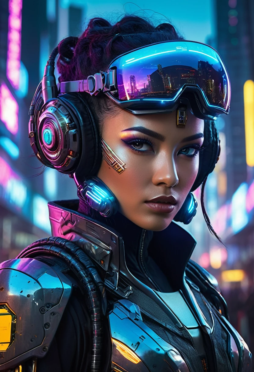 detailed and imaginative portrait of a futuristic cyberpunk warrior. The character should be a mix of human and advanced robotic elements, with neon accents and intricate cybernetic enhancements. The background should depict a dystopian cityscape with towering skyscrapers, flying vehicles, and vibrant, glowing advertisements. The overall mood should be dark and gritty, yet visually captivating with a blend of high-tech and urban decay. The lighting should emphasize the character's features and the futuristic environment, creating a dramatic and immersive scene