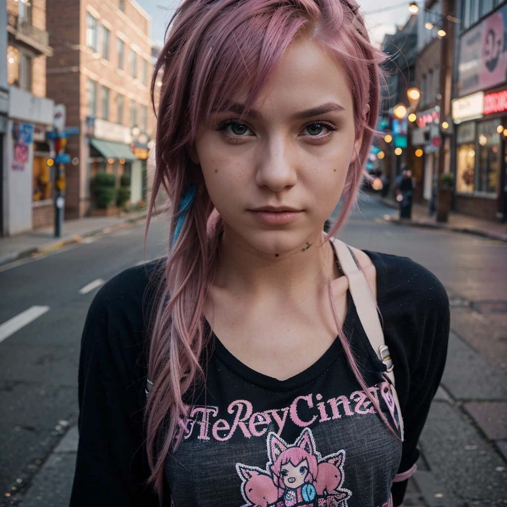 a beautiful 19 year old girl with pink hair, wearing emo style clothes, in a realistic photograph on a city street, close-up macro shot focused on the character, 4k resolution, realistic lighting