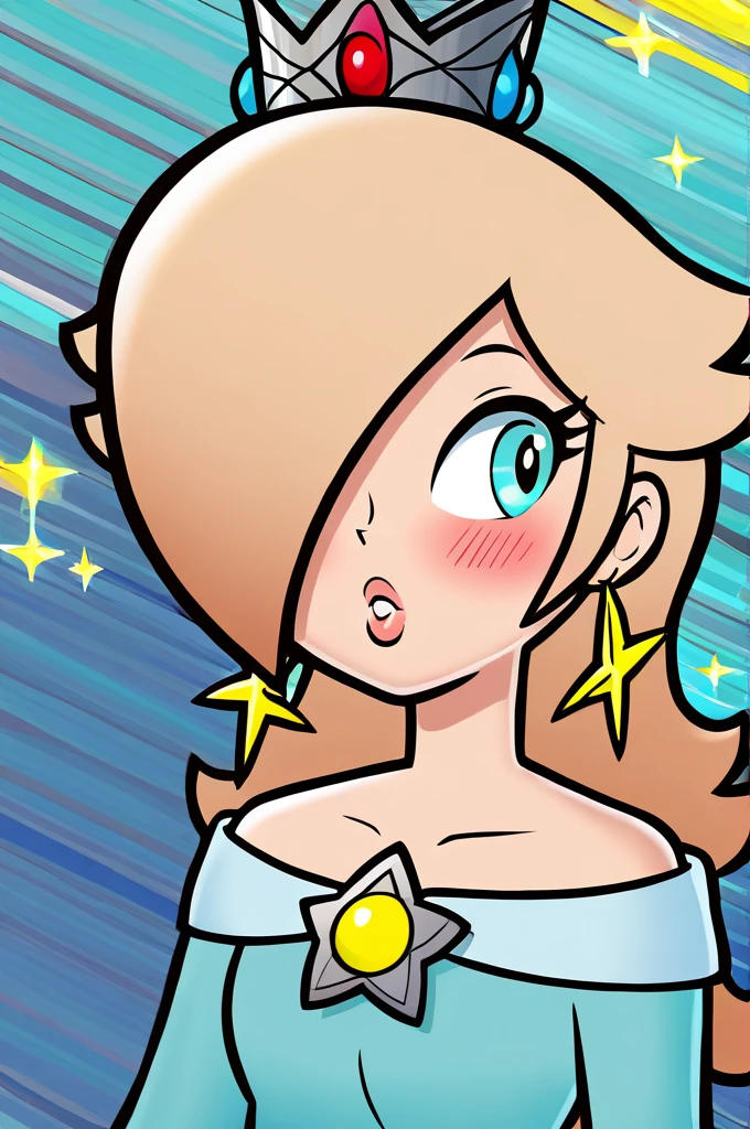 score_9, score_8_up, 2D, flat color, thick outlines, 1girl, solo, rosalina, light blue dress, space, ((big boobs)) Close to camera, kissing face, blushing, romantic aura