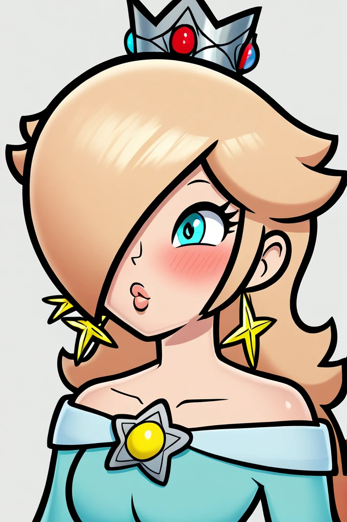 score_9, score_8_up, 2D, flat color, thick outlines, 1girl, solo, rosalina, light blue dress, space, ((big boobs)) Close to camera, kissing face, blushing, romantic aura