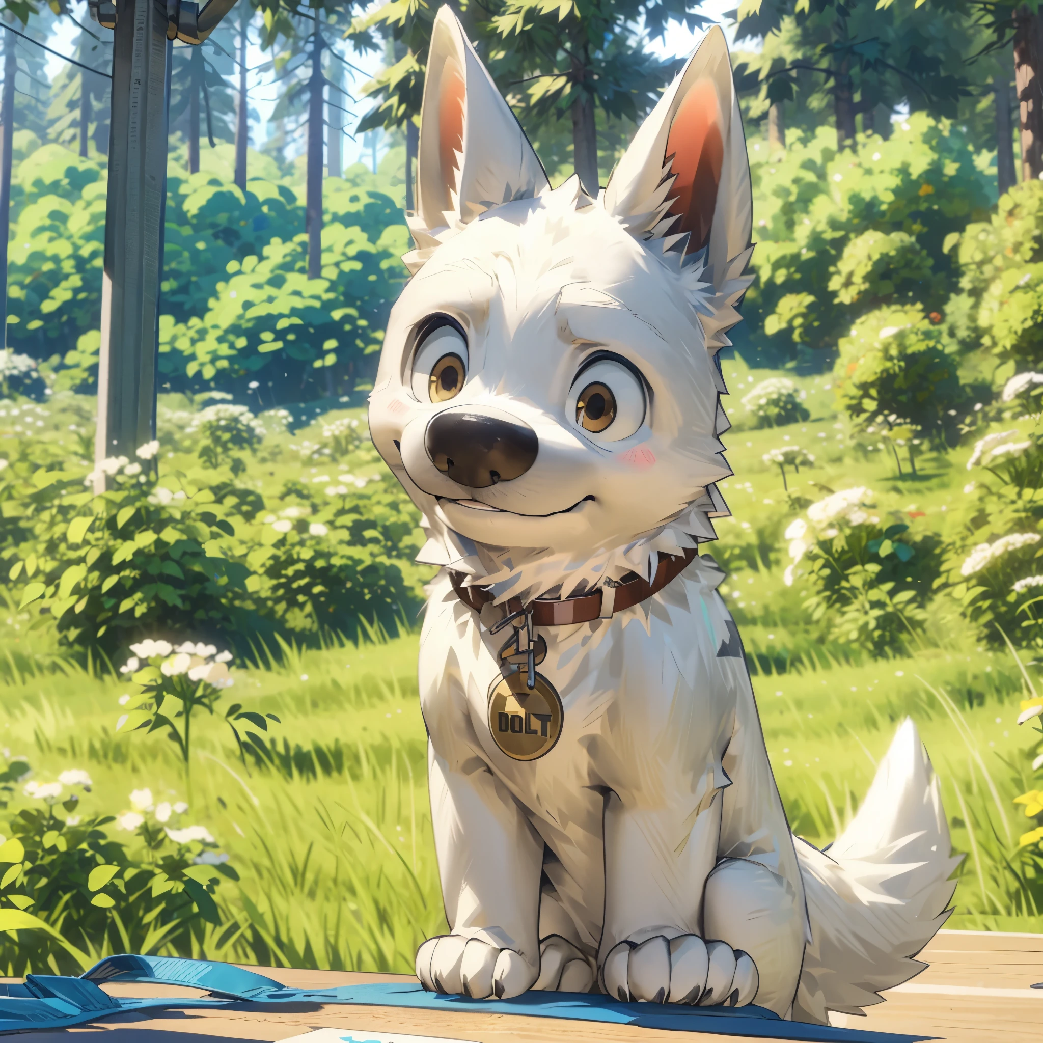 bolt the dog,((BOLT printing on the tag of the collar)),master piece,High quality,forest,perfect background,cute,shy face