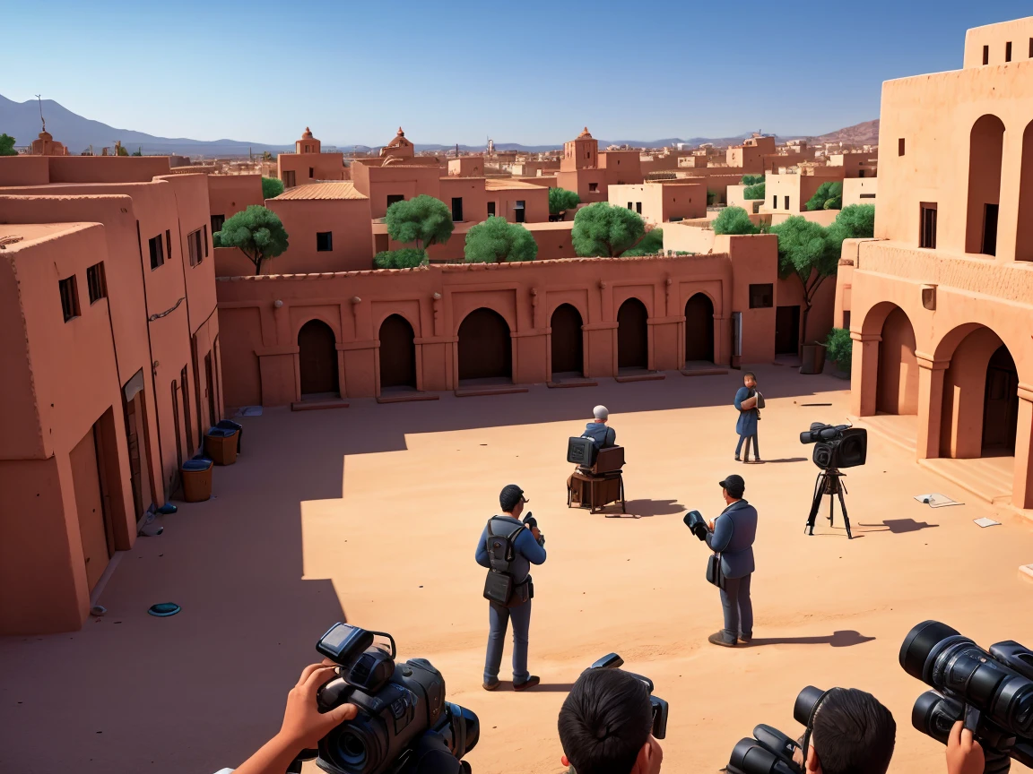 Create an image depicting the role of journalism in communicating information during a crisis in Morocco. The scene should show a bustling, partially damaged urban area with a mix of traditional and modern Moroccan architecture. In the foreground, illustrate journalists actively reporting: one journalist speaking into a microphone in front of a camera, another interviewing a local resident, and a third capturing footage with a video camera. Include elements such as a news van, microphones, and notepads. Surrounding them, depict a diverse group of people – some reading newspapers, others watching a TV set up on a temporary stand broadcasting news updates, and a few checking their mobile phones for alerts. The atmosphere should highlight the critical role of journalism in providing timely information and aiding community resilience during the crisis.