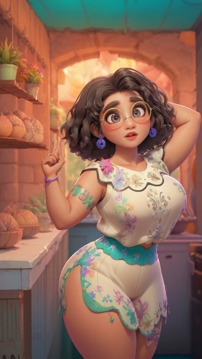 mirabel madrigal, copos, Sorriso, ((sleeveless sweater)), fundo do mercado, (((saia curta))), (((pele marrom))), pele detalhada, pernas perfeitas, coxas perfeitas, (((curvy body))), bunda grande, convidando ao sexo