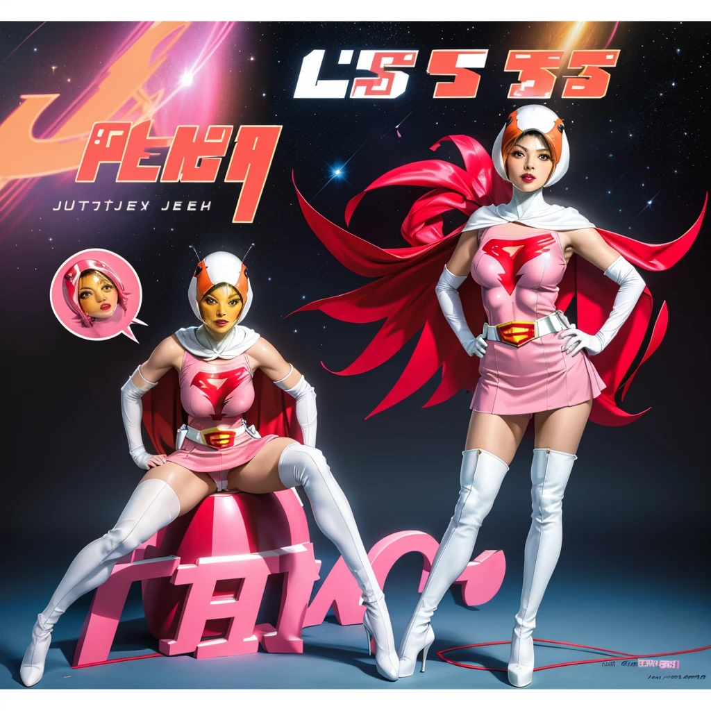 ANI_CLASSIC_jun_gatchaman_ownwaifu,1girl, ,good anatomy, masterpiece, best quality,realistic, hyper realistic, 16k hdr, long hair,breasts,lips,large breasts,lipstick,makeup,gloves,cape,helmet,belt,elbow gloves,white gloves,mask,ultra miniskirt,leotard,spacesuit,white tight overknee highheels boots,pink dress,superhero,bodysuit,cleavage,erected nipples,(stand pose,hands on hip),(spread legs:1.1),cameltoe