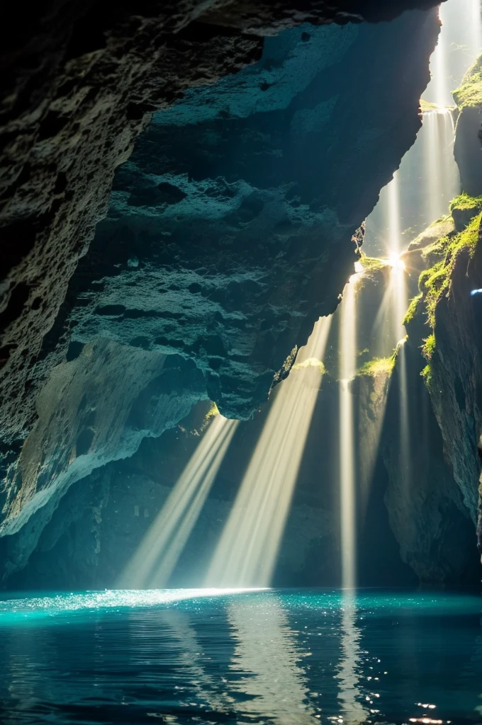 The view from inside the cave、The light shines through and the surface of the water sparkles