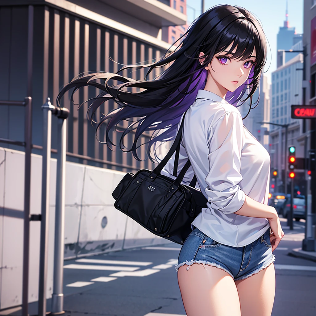 1girl, black hair, light glowing purpleeyes, wearing white sexy shirt, denim shorts, city, absurdres, high res, ultrasharp, 8K, masterpiece, looking at viewer from behind
